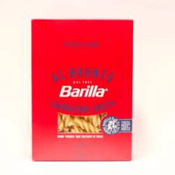 Barilla Pasta Fusilloni raw processing, renewed look, in a vibrant red decorated with elegant illustrations.