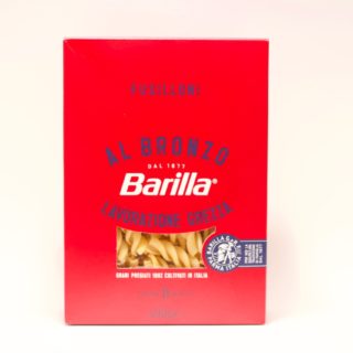 Barilla Pasta Fusilloni raw processing, renewed look, in a vibrant red decorated with elegant illustrations.