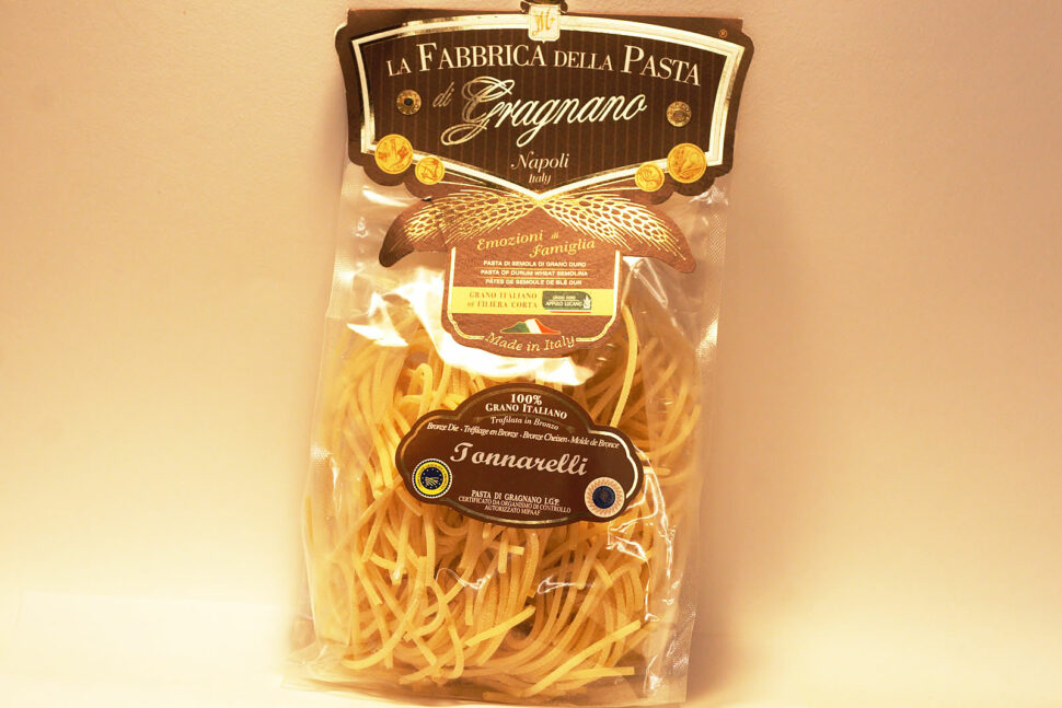 Tonnarelli La Fabbrica della Pasta Gragnano uses first extraction Italian semolina, combined with water from a centuries-old spring in Gragnano, drawing through bronze.