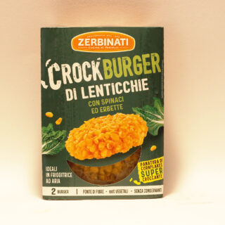 Zerbinati Lentil Crock Burger, lentilles rouges hydratées, pommes de terre, chapelure rouge, eau, carottes, huile de tournesol, oignon, épinards, herbes, sel et marjolaine.